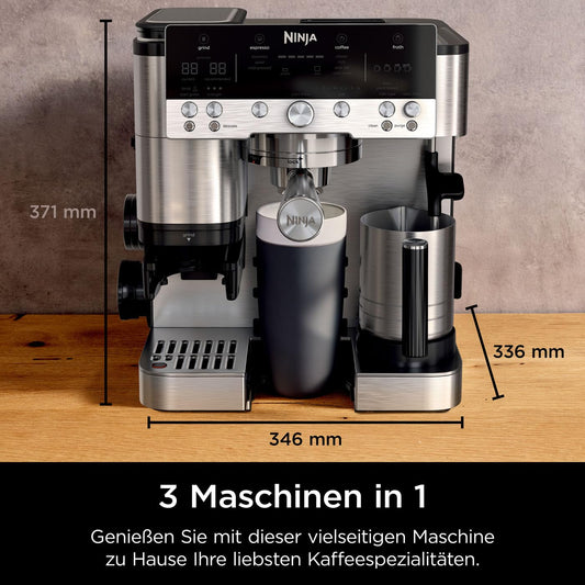 Ninja Luxe Premier 3-in-1 Kaffeemaschine mit Mahlwerk, Aufschäumer für Latte, Cappuccino, Cold Brew & Espresso, bis 2 Tassen, 4 Aufschäum-Voreinstellungen, Silber