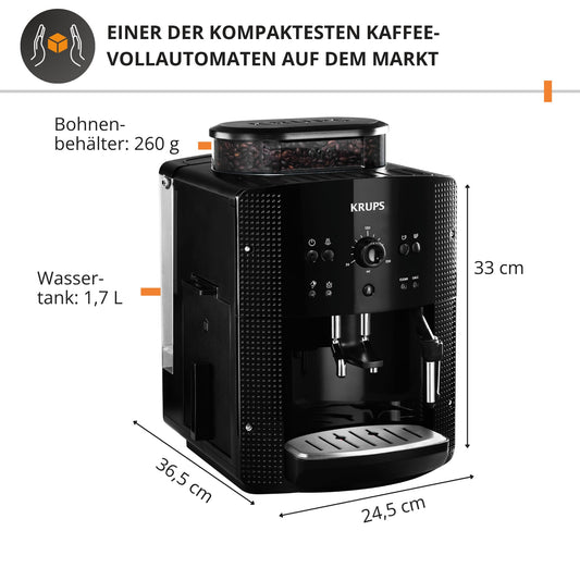 KRUPS Arabica Picto Kaffeevollautomat, kompaktes Design, einfache Bedienung, intuitiv einstellbarer Drehregler, Milchschaumdüse, 2-Tassen-Funktion, Kaffeemaschine, Schwarz, EA810870
