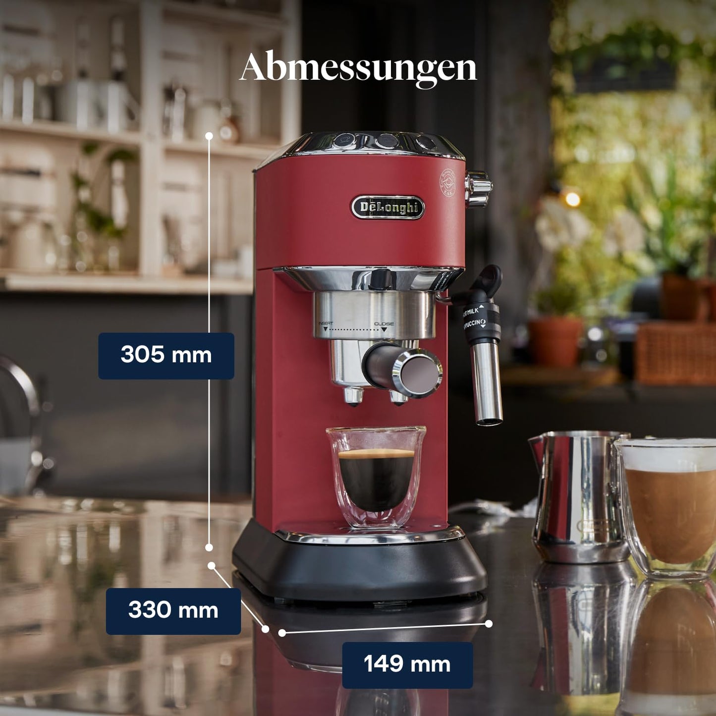 De'Longhi Dedica Style - Perfetto Kompakte Siebträgermaschine Espressomaschine mit Tasten, manuellem Milchaufschäumer für Espresso und Cappuccino, ESE Pad geeignet, 15cm breit, Rot (EC685.R)