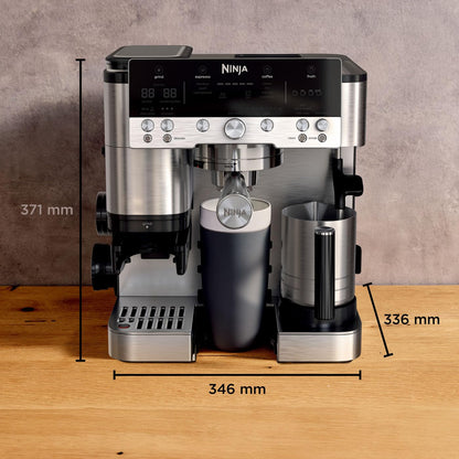 Ninja Luxe Premier 3-in-1 Kaffeemaschine mit Mahlwerk, Aufschäumer für Latte, Cappuccino, Cold Brew & Espresso, bis 2 Tassen, 4 Aufschäum-Voreinstellungen, Silber