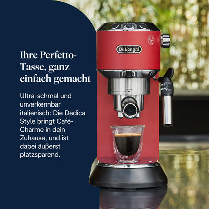 De'Longhi Dedica Style - Perfetto Kompakte Siebträgermaschine Espressomaschine mit Tasten, manuellem Milchaufschäumer für Espresso und Cappuccino, ESE Pad geeignet, 15cm breit, Rot (EC685.R)