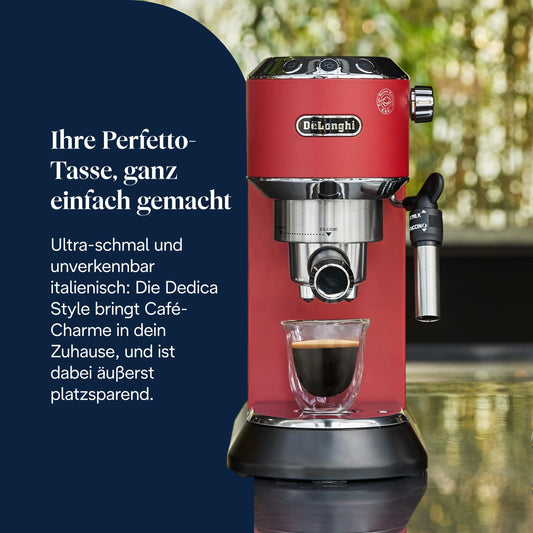 De'Longhi Dedica Style - Perfetto Kompakte Siebträgermaschine Espressomaschine mit Tasten, manuellem Milchaufschäumer für Espresso und Cappuccino, ESE Pad geeignet, 15cm breit, Rot (EC685.R)