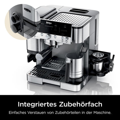 Ninja Luxe Premier 3-in-1 Kaffeemaschine mit Mahlwerk, Aufschäumer für Latte, Cappuccino, Cold Brew & Espresso, bis 2 Tassen, 4 Aufschäum-Voreinstellungen, Silber