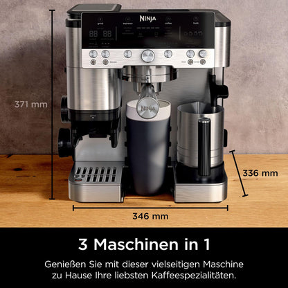 Ninja Luxe Premier 3-in-1 Kaffeemaschine mit Mahlwerk, Aufschäumer für Latte, Cappuccino, Cold Brew & Espresso, bis 2 Tassen, 4 Aufschäum-Voreinstellungen, Silber