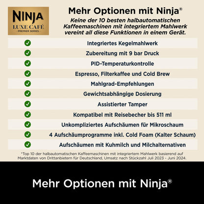 Ninja Luxe Premier 3-in-1 Kaffeemaschine mit Mahlwerk, Aufschäumer für Latte, Cappuccino, Cold Brew & Espresso, bis 2 Tassen, 4 Aufschäum-Voreinstellungen, Silber