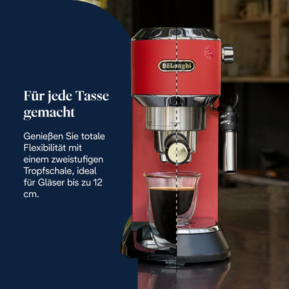 De'Longhi Dedica Style - Perfetto Kompakte Siebträgermaschine Espressomaschine mit Tasten, manuellem Milchaufschäumer für Espresso und Cappuccino, ESE Pad geeignet, 15cm breit, Rot (EC685.R)