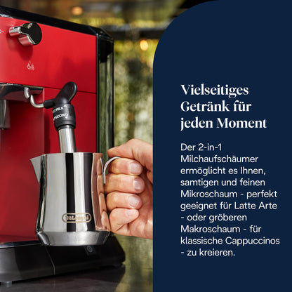 De'Longhi Dedica Style - Perfetto Kompakte Siebträgermaschine Espressomaschine mit Tasten, manuellem Milchaufschäumer für Espresso und Cappuccino, ESE Pad geeignet, 15cm breit, Rot (EC685.R)