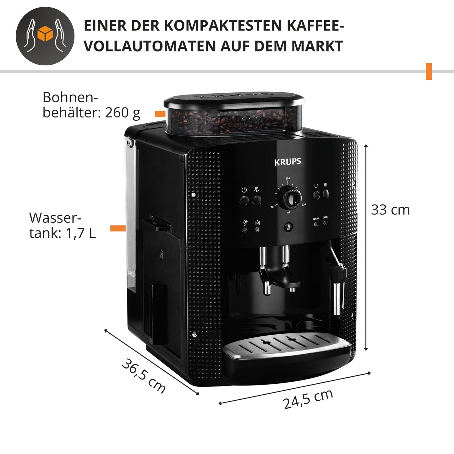 KRUPS Arabica Picto Kaffeevollautomat, kompaktes Design, einfache Bedienung, intuitiv einstellbarer Drehregler, Milchschaumdüse, 2-Tassen-Funktion, Kaffeemaschine, Schwarz, EA810870