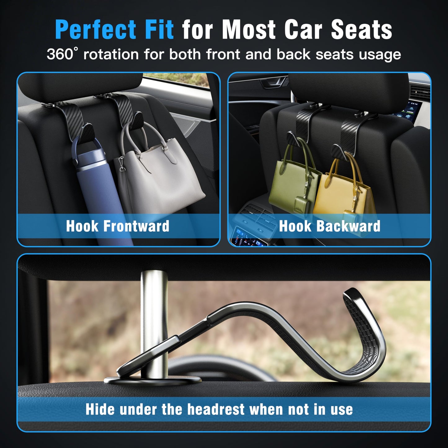 Amooca Rotating Car Headrest Organizer Hooks – Black